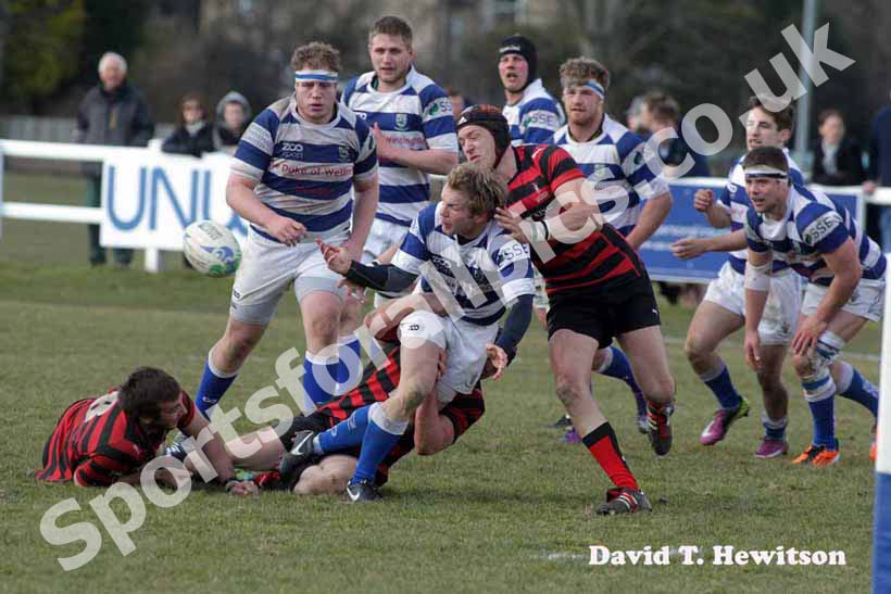 Tynedale's Hamish Smales layes the ball off against Blackheath, National League Division 1, Tynedale Park, Corbridge, Northumberland.